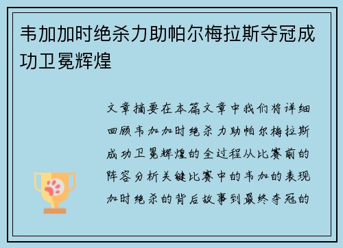 韦加加时绝杀力助帕尔梅拉斯夺冠成功卫冕辉煌